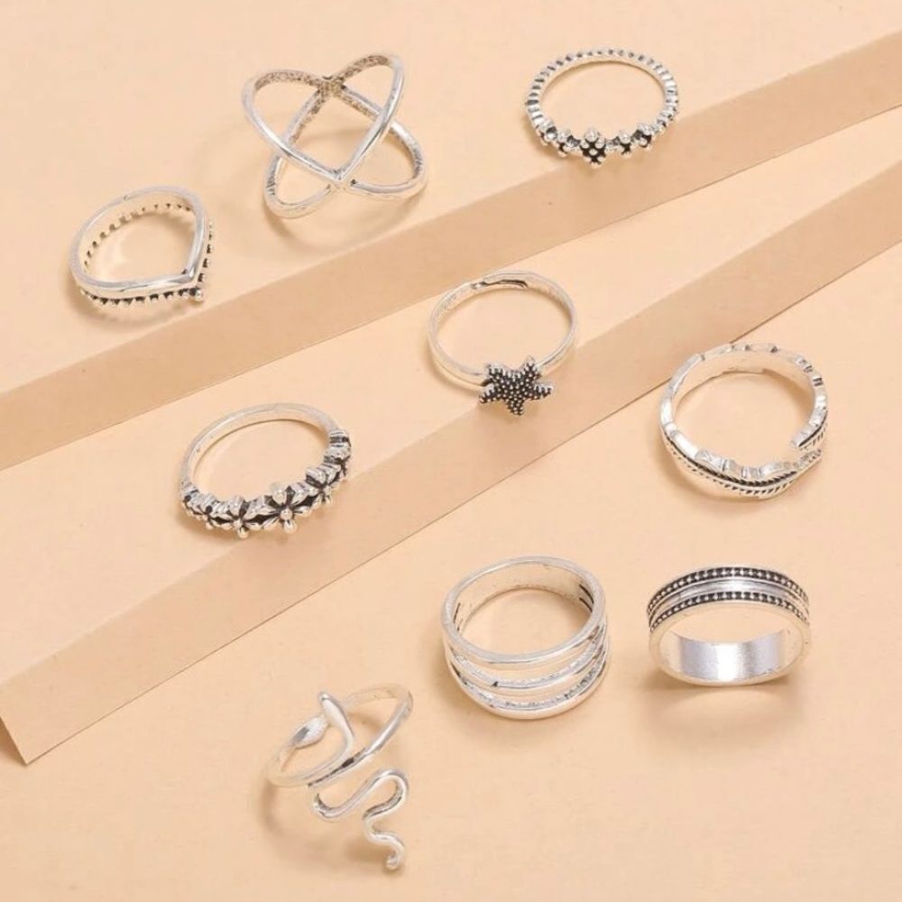 NEW 9 pc silver ring set snake ring, feather jewelry, starfish, BOHO flower ring - Picture 2 of 2